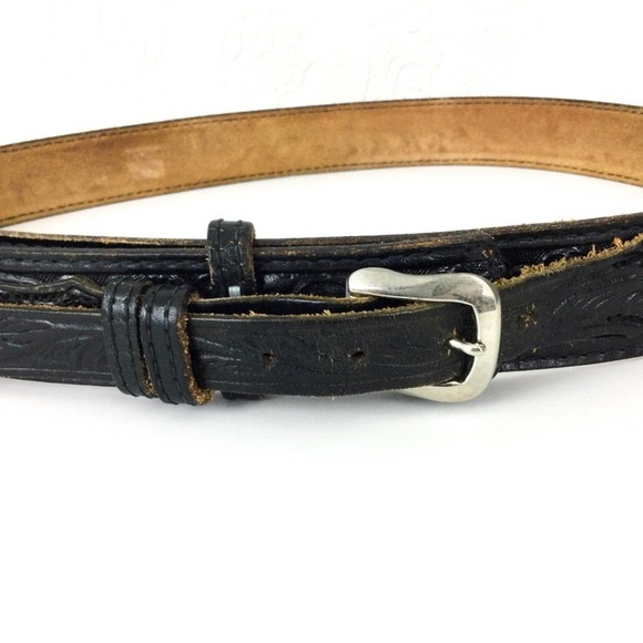 Vintage black leather hand tooled western belt unisex 37-40 inch waist